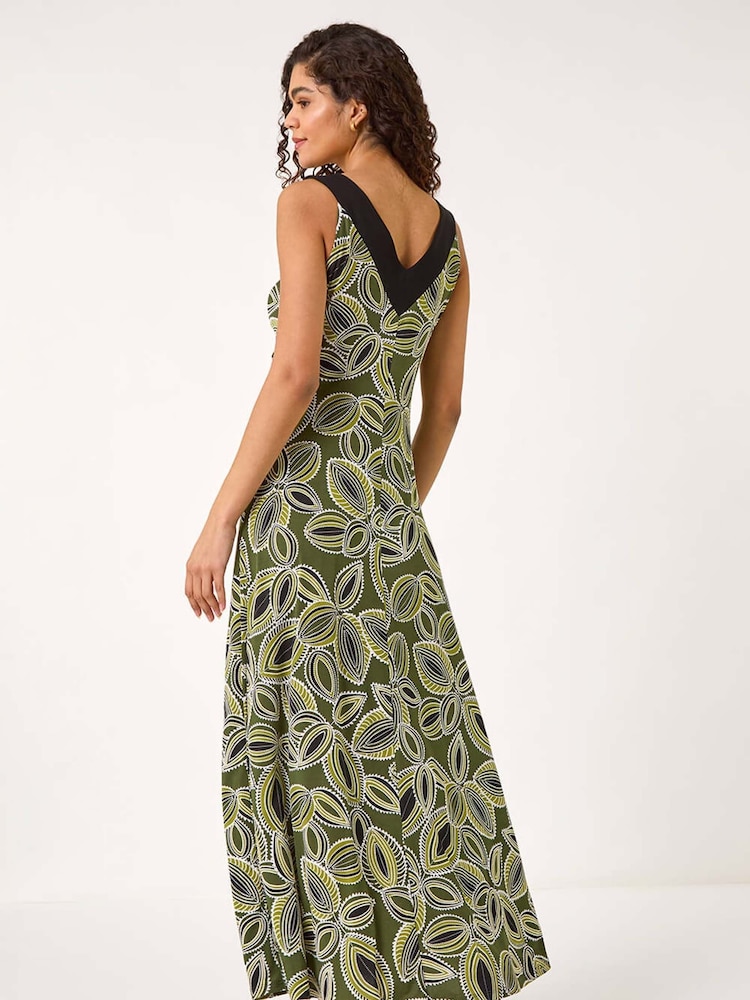 Roman Green Leaf Print Contrast Band Maxi Dress - Image 2 of 5