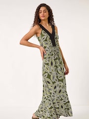 Roman Green Leaf Print Contrast Band Maxi Dress - Image 3 of 5