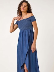 Roman Blue Denim Bardot Shirred Maxi Dress - Image 2 of 5