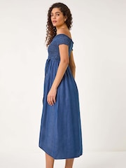 Roman Blue Denim Bardot Shirred Maxi Dress - Image 3 of 5