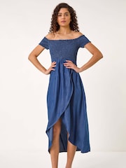 Roman Blue Denim Bardot Shirred Maxi Dress - Image 4 of 5