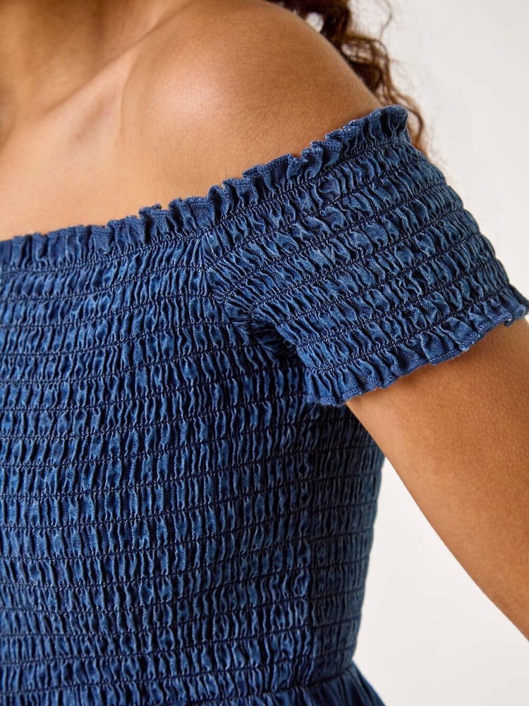 Roman Blue Denim Bardot Shirred Maxi Dress - Image 5 of 5