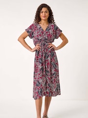 Roman Red Abstract Leaf Print Shirred Midi Dress - Image 1 of 5