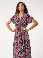 Roman Red Abstract Leaf Print Shirred Midi Dress - Image 3 of 5