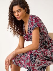 Roman Red Abstract Leaf Print Shirred Midi Dress - Image 4 of 5
