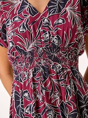 Roman Red Abstract Leaf Print Shirred Midi Dress - Image 5 of 5
