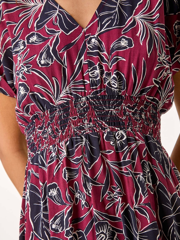 Roman Red Abstract Leaf Print Shirred Midi Dress - Image 5 of 5