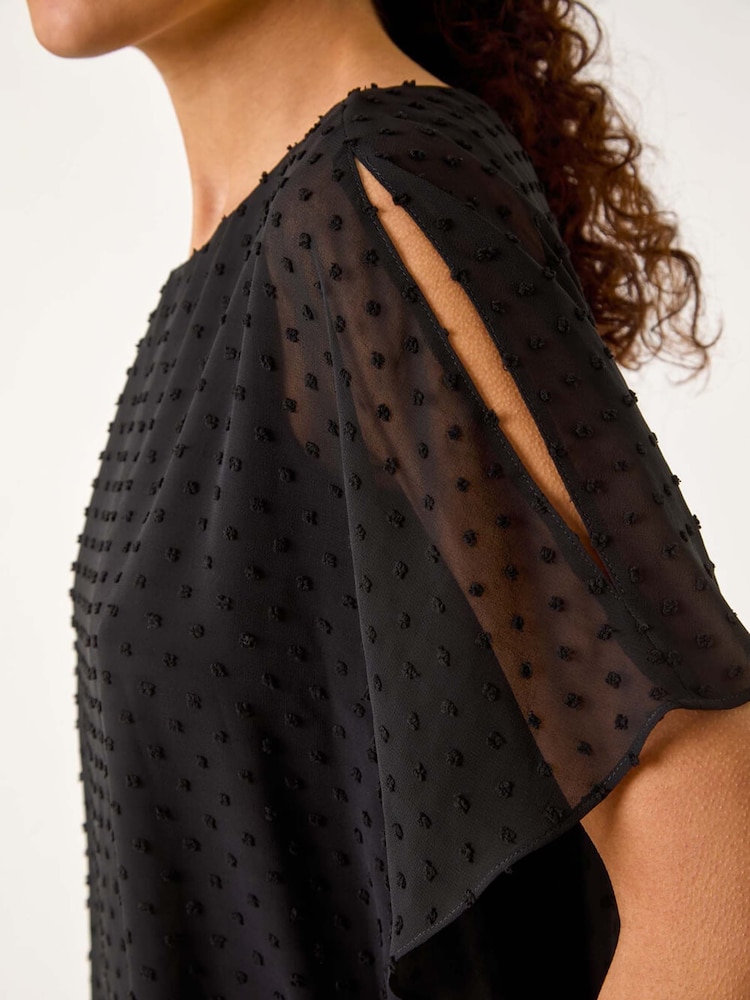 Roman Black Asymmetric Dobby Overlay Top - Image 5 of 5
