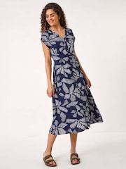Roman Blue Leaf Print Shirred Midi Dress - Image 1 of 5