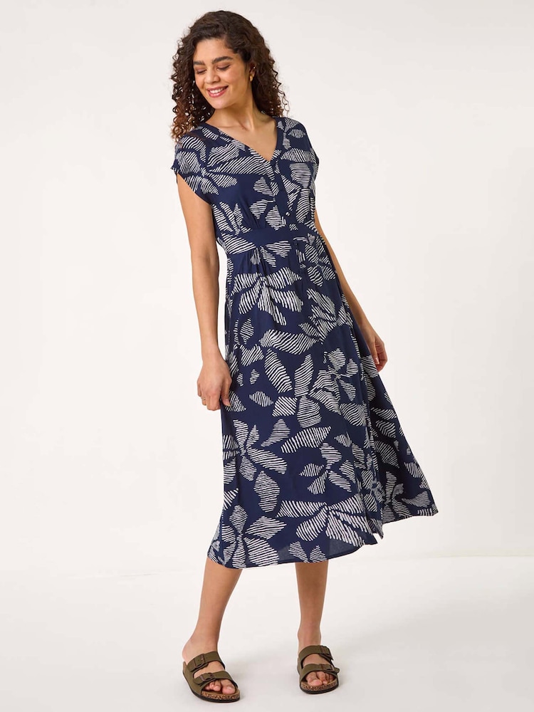 Roman Blue Leaf Print Shirred Midi Dress - Image 1 of 5