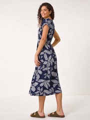 Roman Blue Leaf Print Shirred Midi Dress - Image 2 of 5