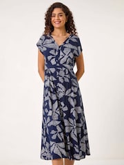 Roman Blue Leaf Print Shirred Midi Dress - Image 3 of 5
