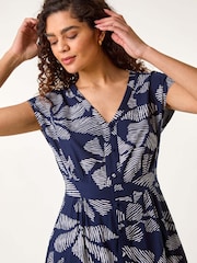 Roman Blue Leaf Print Shirred Midi Dress - Image 4 of 5