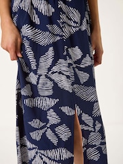 Roman Blue Leaf Print Shirred Midi Dress - Image 5 of 5