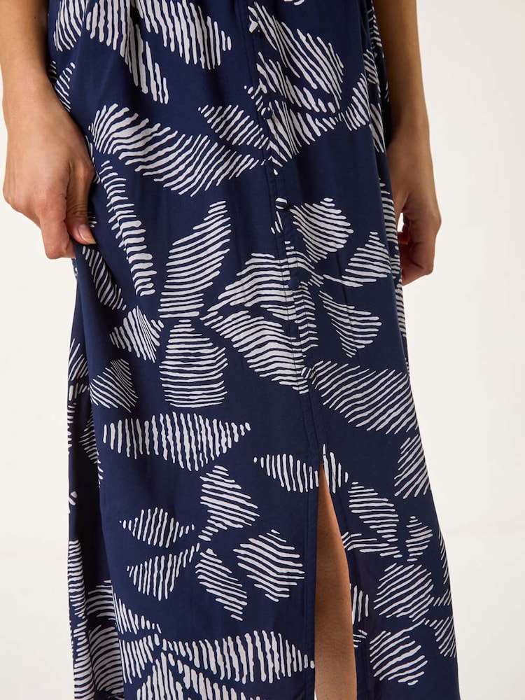 Roman Blue Leaf Print Shirred Midi Dress - Image 5 of 5