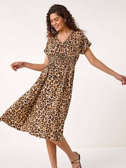 Roman Brown Animal Print Shirred Midi Dress - Image 1 of 5