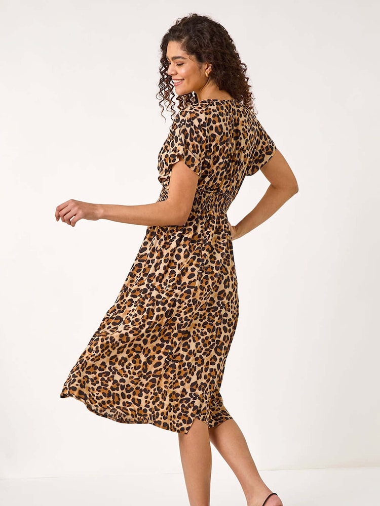 Roman Brown Animal Print Shirred Midi Dress - Image 2 of 5