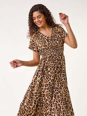 Roman Brown Animal Print Shirred Midi Dress - Image 3 of 5