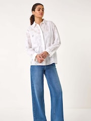 Roman White Floral Print Broderie Collar 100% Cotton Shirt - Image 2 of 5