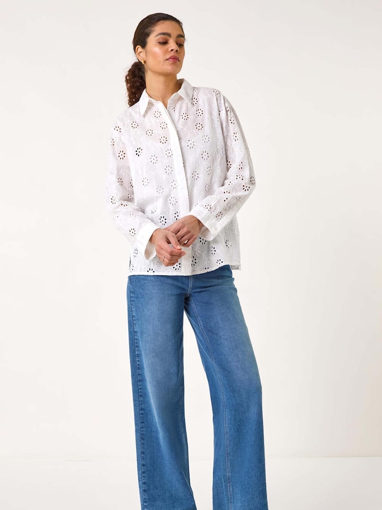 Roman White Floral Print Broderie Collar 100% Cotton Shirt - Image 2 of 5