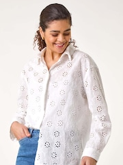 Roman White Floral Print Broderie Collar 100% Cotton Shirt - Image 4 of 5