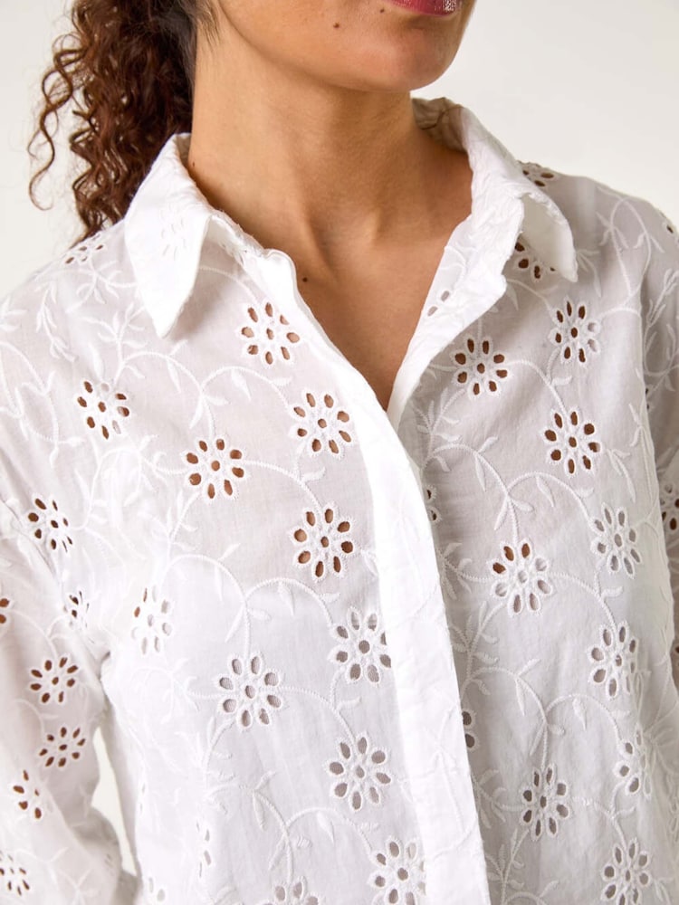 Roman White Floral Print Broderie Collar 100% Cotton Shirt - Image 5 of 5