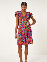 Roman Pink Floral Print Button Frill Dress - Image 1 of 5