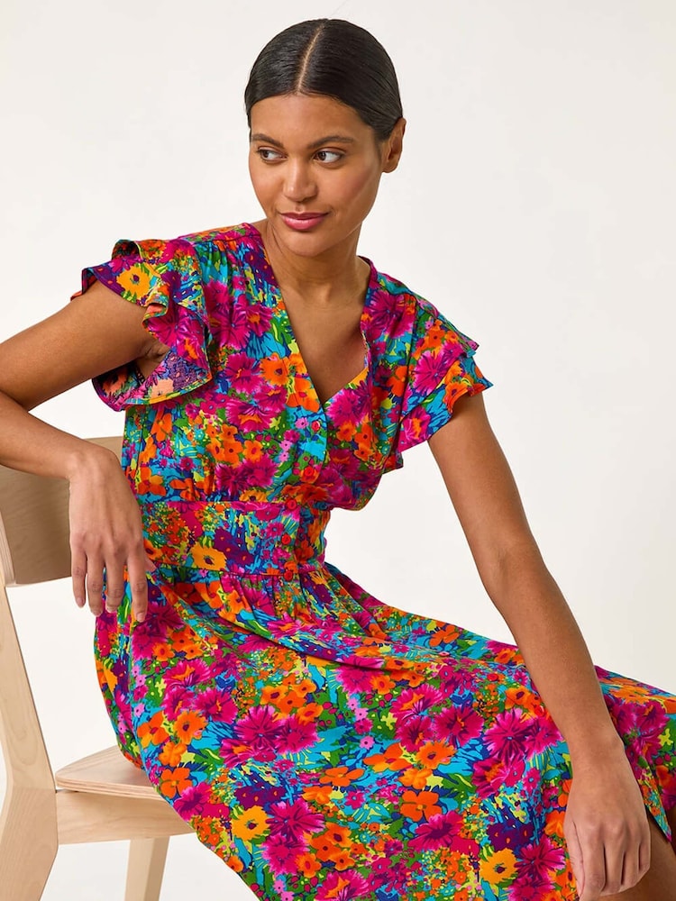 Roman Pink Floral Print Button Frill Dress - Image 2 of 5
