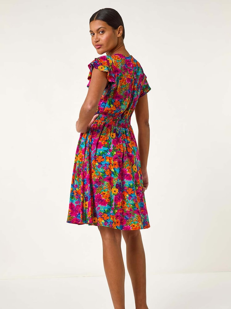Roman Pink Floral Print Button Frill Dress - Image 5 of 5