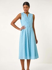 Roman Blue Floral 100% Cotton Broderie Midi Dress - Image 1 of 5
