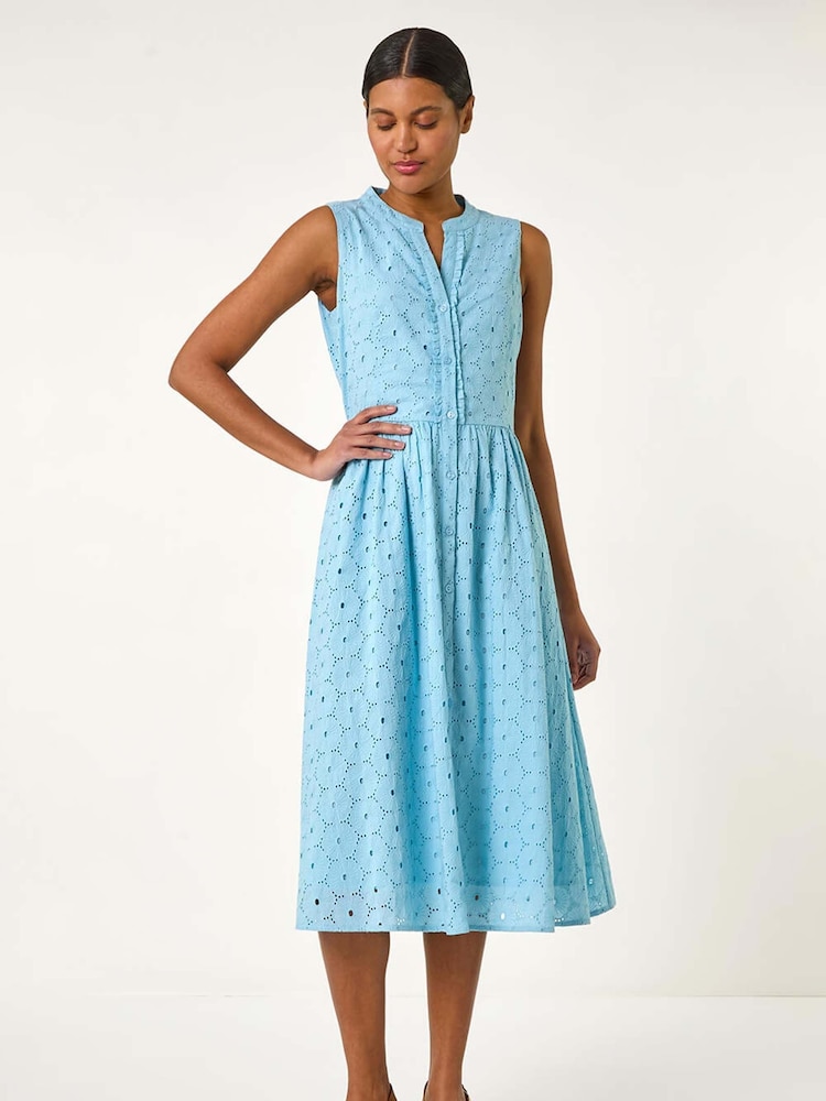 Roman Blue Floral 100% Cotton Broderie Midi Dress - Image 1 of 5