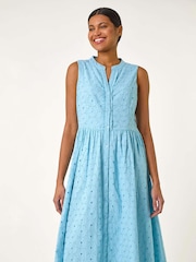 Roman Blue Floral 100% Cotton Broderie Midi Dress - Image 2 of 5