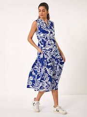 Roman Blue Leaf Print Tie Midi Dress - Image 1 of 5