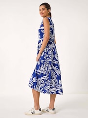 Roman Blue Leaf Print Tie Midi Dress - Image 2 of 5
