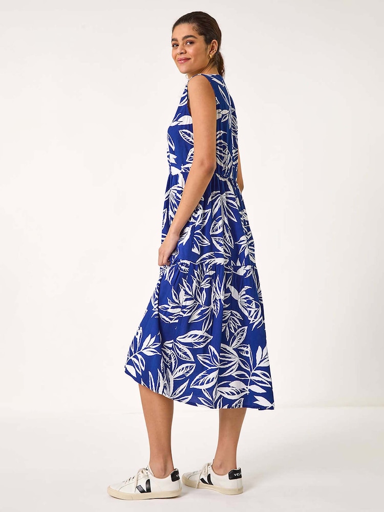 Roman Blue Leaf Print Tie Midi Dress - Image 2 of 5