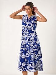 Roman Blue Leaf Print Tie Midi Dress - Image 3 of 5
