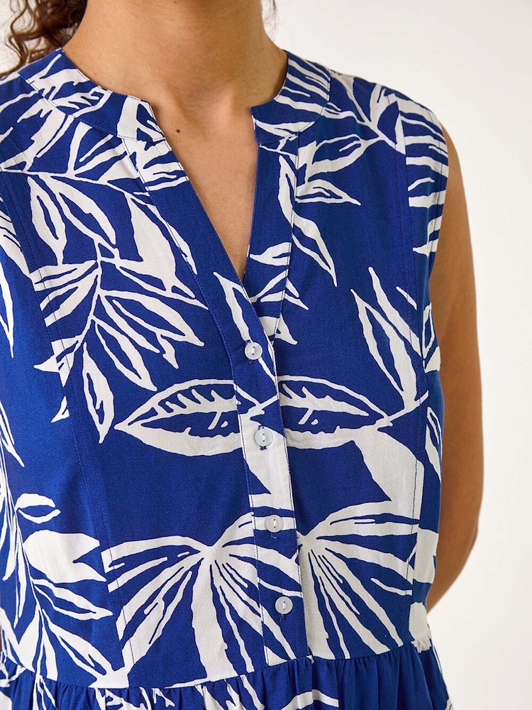 Roman Blue Leaf Print Tie Midi Dress - Image 5 of 5