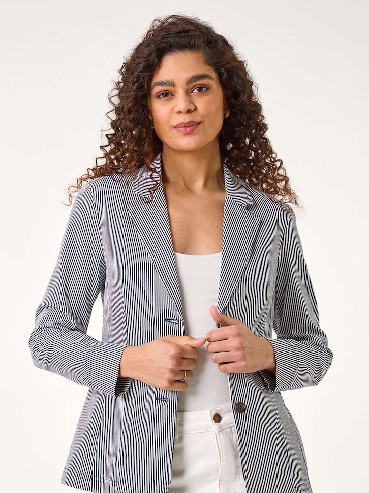 Roman Blue Stripe Bengaline Stretch Blazer - Image 1 of 5
