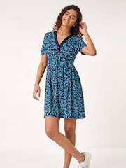 Roman Blue Floral Print Contrast Band Dress - Image 1 of 5