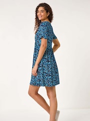 Roman Blue Floral Print Contrast Band Dress - Image 2 of 5
