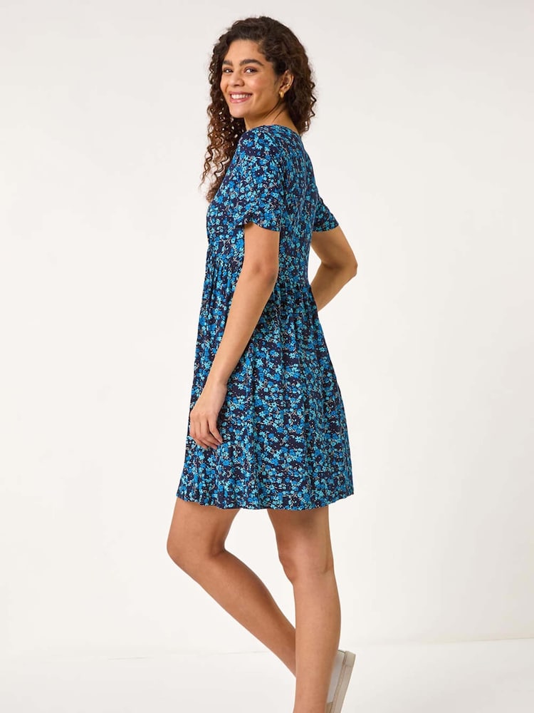 Roman Blue Floral Print Contrast Band Dress - Image 2 of 5