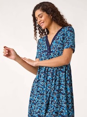 Roman Blue Floral Print Contrast Band Dress - Image 3 of 5