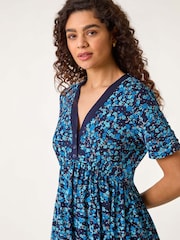 Roman Blue Floral Print Contrast Band Dress - Image 4 of 5