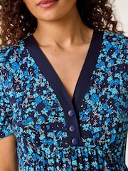 Roman Blue Floral Print Contrast Band Dress - Image 5 of 5