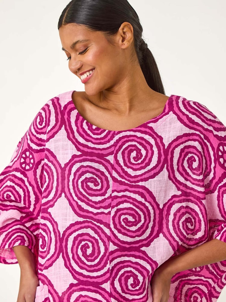 Roman Pink 100% Cotton Spiral Print Asymmetric Tunic Top - Image 1 of 5