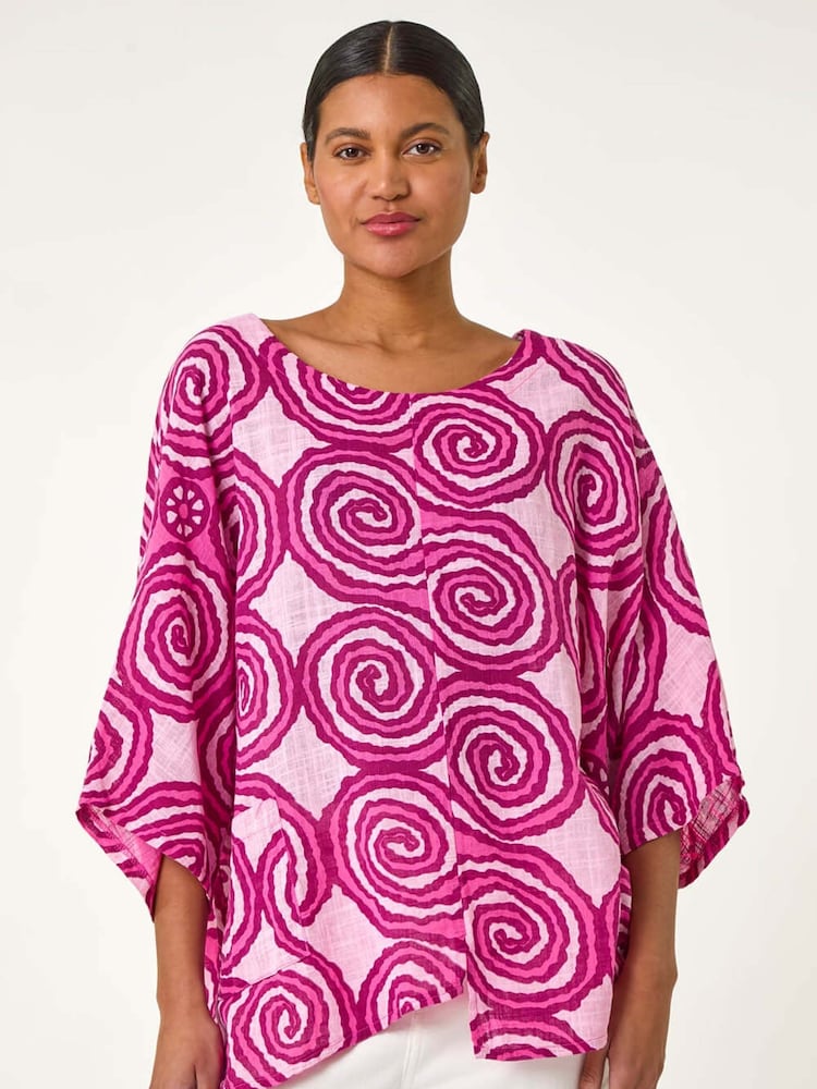 Roman Pink 100% Cotton Spiral Print Asymmetric Tunic Top - Image 2 of 5