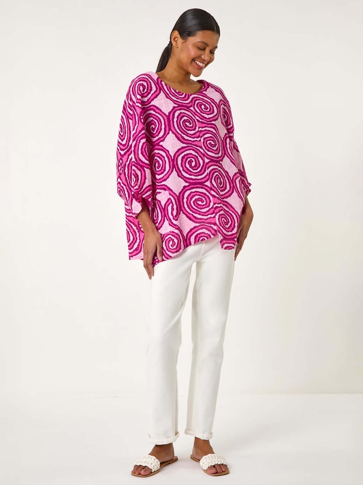 Roman Pink 100% Cotton Spiral Print Asymmetric Tunic Top - Image 3 of 5