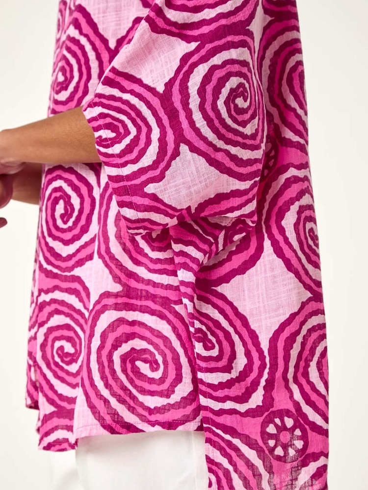 Roman Pink 100% Cotton Spiral Print Asymmetric Tunic Top - Image 5 of 5