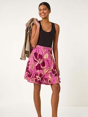 Roman Pink Floral Print Short A-Line 100% Cotton Skirt - Image 2 of 5