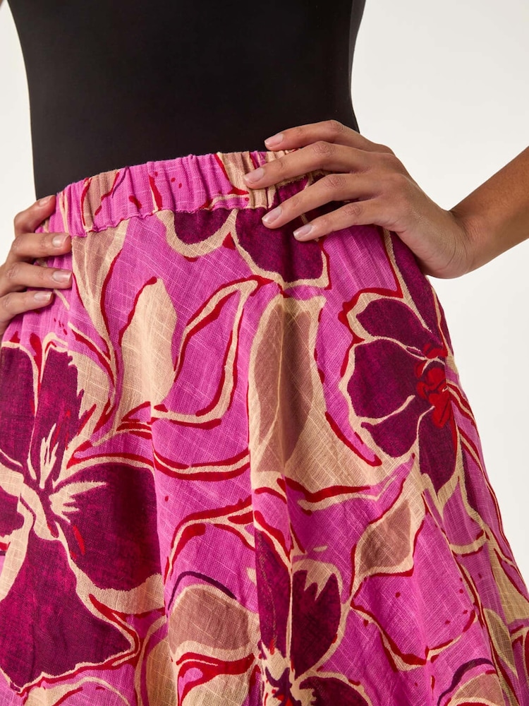 Roman Pink Floral Print Short A-Line 100% Cotton Skirt - Image 5 of 5